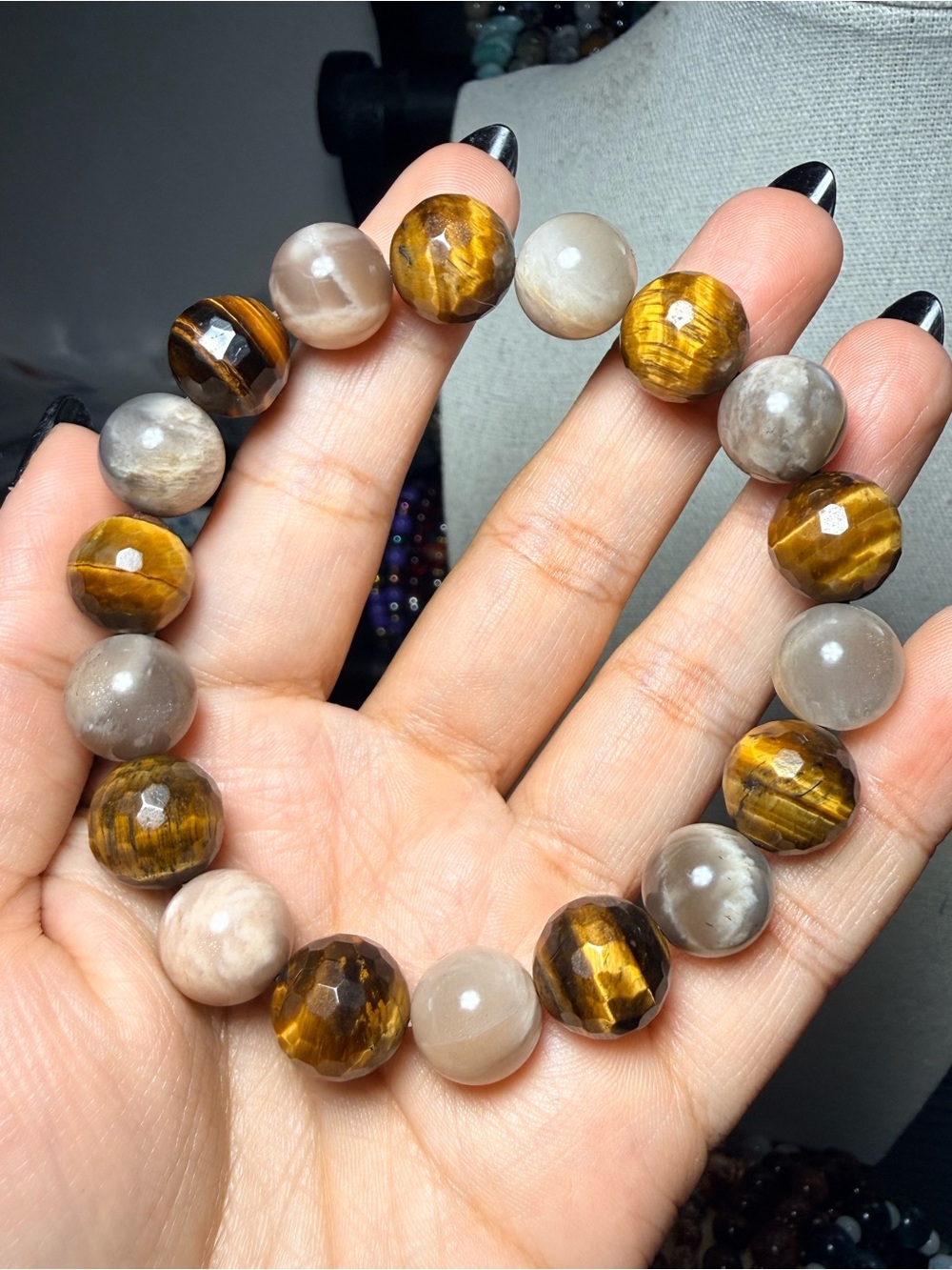 12mm Faceted Tiger’s Eye & Chocolate Moonstone Bracelet